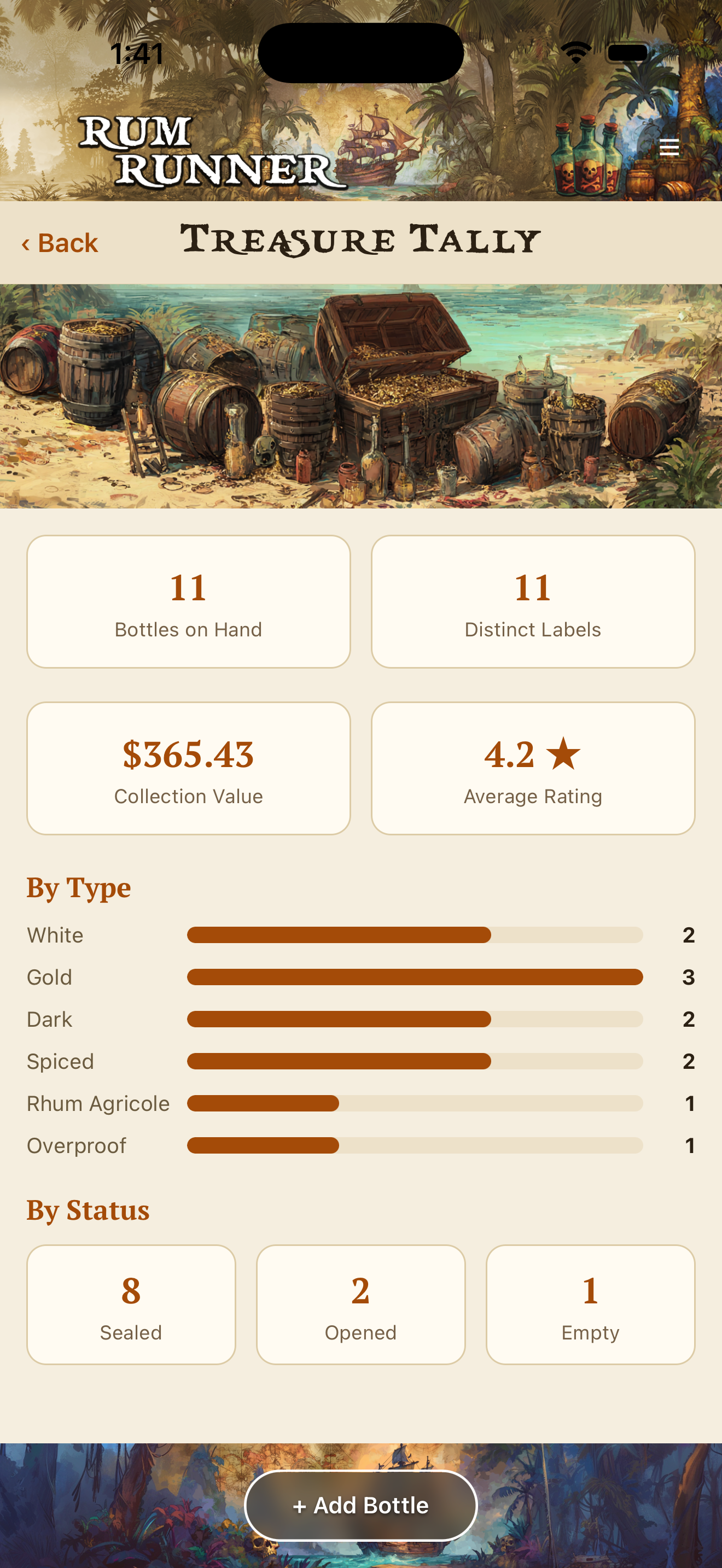 Treasure Tally screen showing collection stats and estimated value