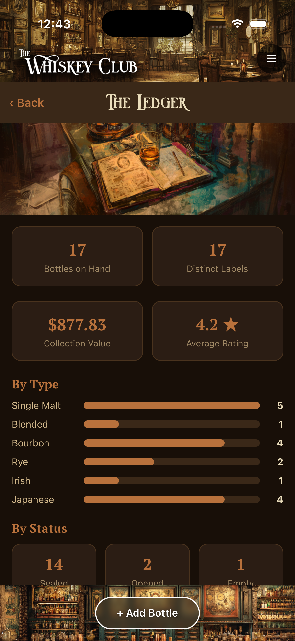 The Ledger screen showing collection totals and spending by type